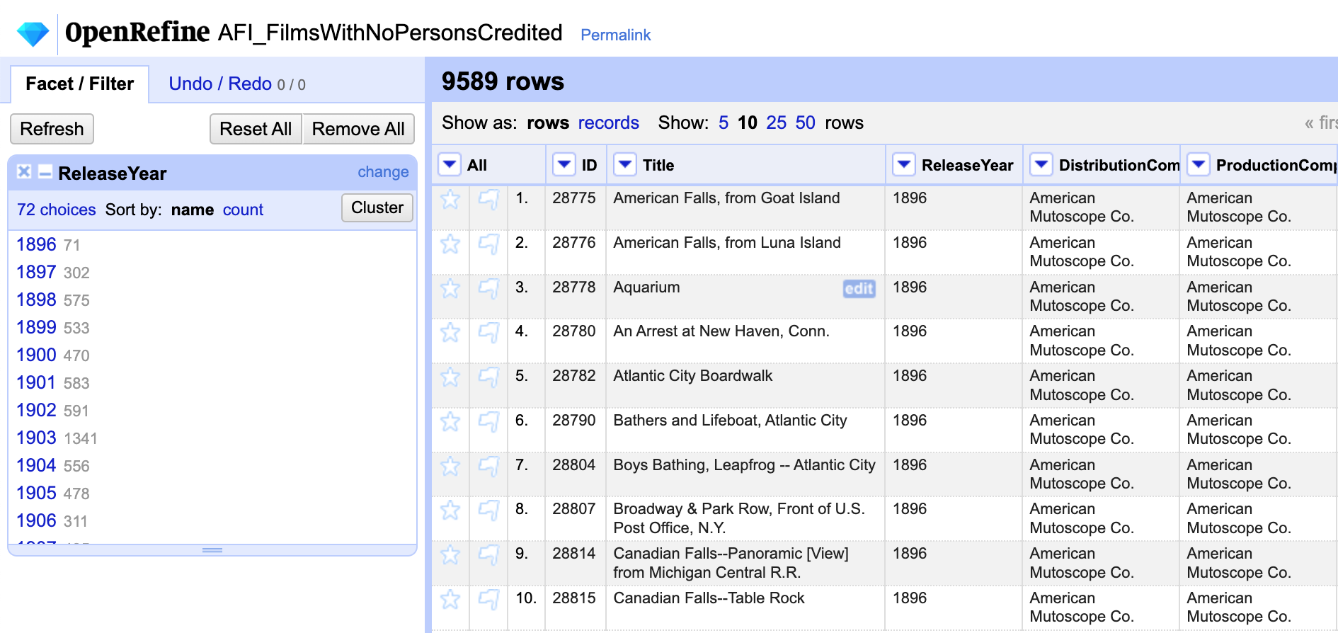 a screenshot of an OpenRefine project titled AFI films with no persons credited